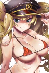 Rule 34 | 1girl, bare shoulders, bikini, blonde hair, breasts, collarbone, granblue fantasy, green eyes, hat, hat tip, highres, large breasts, long hair, mahan (clock hearts), monika weisswind, peaked cap, shaded face, shiny skin, solo, split mouth, swimsuit, twintails, very long hair, wavy hair