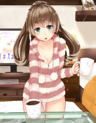 Rule 34 | 10s, 1girl, alternate costume, aqua eyes, bed, breasts, brown hair, casual, coffee, coffee mug, collarbone, cup, framed image, glass table, hair ornament, holding, holding cup, hood, hoodie, indoors, jacket, kanna (horntp), kantai collection, kumano (kancolle), long hair, looking at viewer, mat, mug, open mouth, panties, pantyshot, picture frame, pom pom (clothes), ponytail, solo, standing, striped clothes, striped hoodie, striped jacket, suzuya (kancolle), table, television, twitter username, underwear, white panties