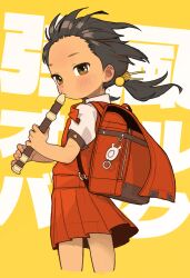 Rule 34 | 1girl, absurdres, backpack, bag, black hair, blush, brown eyes, collared shirt, commentary, crime prevention buzzer, cropped legs, dress, english commentary, floating hair, flute, forehead, hair bobbles, hair ornament, highres, holding, holding flute, holding instrument, instrument, kaai yuki, kyoufuu all back (vocaloid), looking at viewer, looking back, low twintails, medium hair, mixed-language commentary, opossumachine, randoseru, recorder, red bag, red dress, shirt, short sleeves, sleeveless, sleeveless dress, solo, song name, twintails, two-tone background, vocaloid, white shirt, wind, yellow background