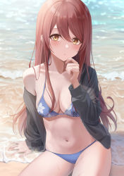 Rule 34 | 1girl, absurdres, arm support, beach, bikini, blue bikini, blush, breasts, brown hair, cleavage, day, floral print, fujizarashi, halterneck, hand up, highres, idolmaster, idolmaster shiny colors, long hair, long sleeves, looking at viewer, medium breasts, navel, ocean, off shoulder, open clothes, osaki tenka, raised eyebrows, school uniform, sitting, solo, stomach, swimsuit, thighs, water, wet