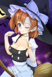 Rule 34 | 1girl, apron, black dress, blue eyes, bow, breasts, broom, broom riding, candy, cleavage, cloud, cosplay, dress, food, frilled apron, frilled hat, frills, full moon, halloween, hat, hat bow, hip focus, kirisame marisa, kirisame marisa (cosplay), kosaka honoka, lollipop, looking at viewer, love live!, love live! school idol project, moon, night, night sky, one eye closed, pointing, pointing at viewer, puffy short sleeves, puffy sleeves, purple sky, short dress, short sleeves, shou moeboshi, sky, smile, solo, sparkle, star (sky), thighhighs, touhou, white thighhighs, witch hat, zettai ryouiki