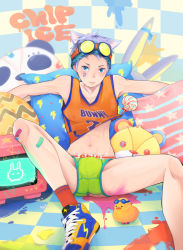 Rule 34 | 1boy, :|, animal ears, artist name, bandaid, blue eyes, briefs, bulge, candy, cat boy, cat ears, checkered background, chip ice, closed mouth, clothes lift, facial mark, food, goggles, goggles on head, jersey, knee up, lollipop, looking at viewer, male focus, male underwear, navel, no pants, original, paint splatter, pillow, purple hair, red socks, rubber duck, shirt lift, shoes, silver hair, sitting, sleeveless, sneakers, socks, solo, spread legs, stuffed animal, stuffed panda, stuffed toy, swirl lollipop, television, underwear