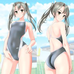 Rule 34 | 1girl, absurdres, arena (company), ass, black one-piece swimsuit, blue sky, breasts, brown eyes, cameltoe, cloud, collarbone, competition swimsuit, covered navel, cowboy shot, from behind, grey hair, grey one-piece swimsuit, grin, hair ribbon, highres, kantai collection, logo, long hair, looking at viewer, looking back, multiple views, one-piece swimsuit, ribbon, sky, small breasts, smile, split theme, swimsuit, takafumi, twintails, white ribbon, zuikaku (kancolle)