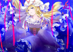 Rule 34 | 1girl, alternate eye color, artist request, blonde hair, blush, breasts, clothes lift, collarbone, corset, darkness, dress, dress lift, floating, floating hair, frilled dress, frills, hair between eyes, hair ribbon, half-closed eyes, hat, hat ribbon, highres, light particles, light smile, long hair, looking at viewer, mob cap, parted lips, petticoat, puffy short sleeves, puffy sleeves, purple dress, purple ribbon, red ribbon, ribbon, short sleeves, sidelocks, sideways glance, solo, sparkle, texture, touhou, tress ribbon, twitter username, very long hair, white hat, yakumo yukari