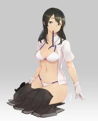 Rule 34 | 10s, 1girl, bikini, black hair, black skirt, bra, breasts, brown eyes, clothes in mouth, collarbone, collared shirt, full body, gloves, grey background, hand on own hip, hayabusa (vert 320), highres, kantai collection, kneeling, long hair, looking at viewer, medium breasts, navel, open clothes, open shirt, oyashio (kancolle), pleated skirt, shirt, short sleeves, simple background, skindentation, skirt, solo, swimsuit, underwear, white bra, white gloves, white shirt