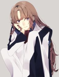Rule 34 | 10s, 1boy, bad id, bad pixiv id, brown hair, grey background, hand on own cheek, hand on own face, head rest, highres, jacket, long hair, long sleeves, looking at viewer, male focus, minashiro soushi, mitsushima, pants, purple eyes, scar, simple background, sitting, solo, soukyuu no fafner, uniform