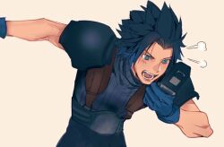 Rule 34 | 1boy, armor, belt, black hair, blue eyes, blue gloves, blue shirt, blush, crisis core final fantasy vii, final fantasy, final fantasy vii, gloves, hair slicked back, holding, holding phone, male focus, open mouth, parted bangs, phone, shirt, short hair, shoulder armor, shouting, siotomato, solo, suspenders, upper body, zack fair