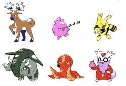 Rule 34 | :d, black eyes, claws, closed eyes, creatures (company), delibird, donphan, elekid, game freak, gen 2 pokemon, holding, igglybuff, music, musical note, nintendo, no humans, octillery, open mouth, pokemon, pokemon (creature), simple background, singing, smile, standing, stantler, tusks, tyako 089, u u, white background