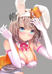 Rule 34 | 1girl, animal ears, bare shoulders, blue eyes, blush, breasts, cleavage, dress, elbow gloves, ep (emio parn), fake animal ears, gloom (expression), gloves, grey background, hair ornament, hat, highres, large breasts, leotard, light brown hair, looking at viewer, mini hat, orange hat, original, pink neckwear, pink ribbon, playboy bunny, rabbit ears, rabbit girl, ribbon, short hair, simple background, sleeveless, solo, wavy mouth, white gloves, white ribbon