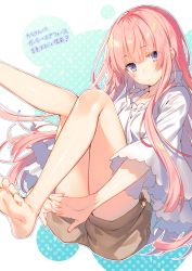 Rule 34 | 1girl, bare legs, barefoot, blush, brown shorts, closed mouth, collarbone, commentary request, floating hair, girly air force, gripen (girly air force), head tilt, highres, knees up, hugging own legs, leg up, long hair, long sleeves, looking at viewer, own hands together, pink hair, purple eyes, shirt, short shorts, shorts, sidelocks, solo, sparkle, thighs, toosaka asagi, translation request, very long hair, white shirt, wide sleeves