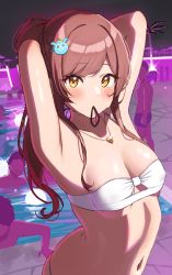 Rule 34 | 1girl, 6+others, absurdres, arms up, bikini, blush, breasts, brown hair, closed mouth, collarbone, commentary request, hair ornament, hair tie in mouth, hairclip, highres, idolmaster, idolmaster shiny colors, jewelry, long hair, looking at viewer, medium breasts, mouth hold, multiple others, navel, necklace, osaki amana, ponytail, pool, strapless, strapless bikini, swimsuit, tying hair, upper body, wanimaru, yellow eyes