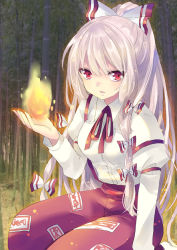 Rule 34 | 1girl, arm up, bad id, bad pixiv id, bamboo, bamboo forest, bow, female focus, fire, fire, forest, fujiwara no mokou, hair bow, hair ribbon, kosuzume, long hair, nature, ofuda, pants, red eyes, ribbon, shirt, silver hair, sitting, solo, suspenders, touhou