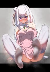 Rule 34 | 1girl, absurdres, arm support, bare shoulders, blush, braid, breasts, commentary, commission, detached collar, dirty legwear, dress, emilia (re:zero), english commentary, eyelashes, feet, feet up, foot focus, full body, gem, green gemstone, grey background, hair bun, hair ribbon, hand up, highres, knees up, legs, long hair, long sleeves, looking at viewer, medium breasts, namukot, no shoes, off-shoulder dress, off shoulder, on ground, pink dress, pink ribbon, pixiv commission, pointy ears, purple eyes, re:zero kara hajimeru isekai seikatsu, ribbon, short dress, simple background, single hair bun, sitting, smell, soles, solo, steaming body, thighhighs, toes, twitter username, very long hair, white thighhighs
