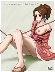 Rule 34 | 00s, 1girl, ass, azasuke, bdsm, blush, bondage, bound, bound legs, breast slip, breasts, brown eyes, brown hair, cloth gag, female focus, fuu (samurai champloo), gag, gagged, highres, improvised gag, japanese clothes, kimono, nipples, no bra, no panties, one breast out, open clothes, over the mouth gag, rope, samurai champloo, sandals, sitting, solo, toes