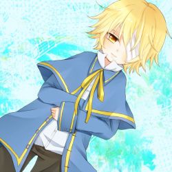 Rule 34 | 1boy, bandage over one eye, beamed eighth notes, black pants, blonde hair, blue capelet, blue jacket, capelet, dutch angle, half-closed eyes, jacket, light smile, male focus, musical note, neck ribbon, oliver (vocaloid), pants, ribbon, shirt, solo, staff (music), taiya, vocaloid, white shirt, yellow eyes, yellow ribbon