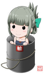 Rule 34 | &gt;:), 10s, 1girl, absurdres, bare shoulders, bow, chibi, commentary request, drum (container), folded ponytail, grey hair, hair bow, highres, jewelry, kantai collection, long hair, ponytail, ring, simple background, sleeveless, smile, solo, v-shaped eyebrows, wedding band, yano toshinori, yuubari (kancolle)