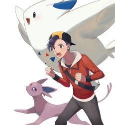 Rule 34 | 1boy, backpack, backwards hat, bag, baseball cap, black hair, black shirt, blue eyes, clenched hands, commentary request, creatures (company), espeon, ethan (pokemon), forked tail, game freak, gen 2 pokemon, gen 4 pokemon, grey pants, hat, highres, jacket, long sleeves, male focus, nintendo, open mouth, pants, pokemon, pokemon (creature), pokemon hgss, red jacket, shirt, short hair, silber 1224, simple background, tail, teeth, togekiss, tongue, white background, white bag, zipper pull tab