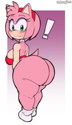 Rule 34 | !, 1girl, absurdres, amy rose, artist name, ass, back, blush, bottomless, bra, breasts, choker, curvy, dongitos, furry, green eyes, hairband, hedgehog, hedgehog ears, hedgehog girl, hedgehog tail, highres, huge ass, large breasts, looking back, red bra, short hair, sideboob, socks, solo, sonic (series), sweat, thick thighs, thighs, underwear, white choker, white socks, wide hips