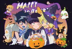Rule 34 | 4boys, animal ears, animal hands, ascot, basket, bat (animal), black background, black bow, black hair, black jacket, blonde hair, blue bow, blue eyes, blush stickers, bow, bowtie, brown hair, buttons, candle, candlestand, cape, castle, chibi, crescent, dress shirt, ekubo (mob psycho 100), fang, fur-trimmed vest, fur trim, ghost, ghost costume, gradient bow, hair between eyes, hanazawa teruki, happy halloween, hat, hat bow, holding, holding basket, holding candle, horns, jacket, kageyama ritsu, kageyama shigeo, kemonomimi mode, long sleeves, male focus, mob psycho 100, multiple boys, one eye closed, open mouth, purple bow, reigen arataka, shirt, short hair, skin fang, sparkle, striped, striped bow, suspenders, tail, vampire costume, vest, werewolf costume, witch hat, wolf ears, wolf tail, zikko 100