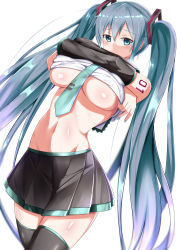 Rule 34 | 1girl, absurdres, aqua eyes, aqua hair, breasts, clothes lift, detached sleeves, hatsune miku, highres, kawaruhi, large breasts, long hair, looking at viewer, nail polish, necktie, shirt lift, simple background, skirt, solo, thighhighs, twintails, underboob, very long hair, vocaloid, white background