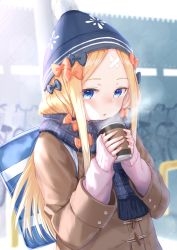Rule 34 | 1girl, abigail williams (fate), bag, beanie, bicycle, black bow, black hat, blue scarf, blurry, blurry background, blush, bow, breath, brown jacket, coffee cup, commentary request, crossed bandaids, cup, depth of field, disposable cup, fate/grand order, fate (series), fringe trim, hair bow, hat, highres, holding, holding cup, jacket, kachayori, long hair, long sleeves, looking at viewer, multiple hair bows, orange bow, parted bangs, parted lips, pink sweater, plaid, plaid scarf, polka dot, polka dot scarf, scarf, school bag, sidelocks, sleeves past wrists, solo, sweater, upper body, very long hair