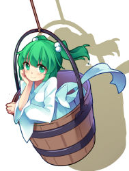 Rule 34 | 1girl, blunt bangs, blush, bow, bucket, closed mouth, green eyes, green hair, hair bobbles, hair ornament, hand on own cheek, hand on own face, in bucket, in container, japanese clothes, kimono, kisume, koxo-01, long sleeves, short hair, silhouette, smile, solo, tareme, touhou, two side up, white bow, white kimono, wide sleeves, wooden bucket