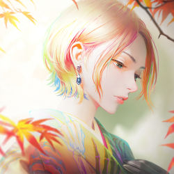 Rule 34 | 1girl, absurdres, blonde hair, blurry, blurry foreground, commentary, earrings, eyelashes, green eyes, highres, japanese clothes, jewelry, kimono, leaf, lips, lipstick, looking down, makeup, maple leaf, nababa, original, portrait, profile, shadow, short hair, skeleton print, skull earrings, solo