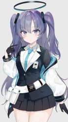 Rule 34 | 1girl, absurdres, black gloves, black skirt, blue archive, blush, breasts, closed mouth, collared shirt, cowboy shot, formal, gloves, grey background, hair between eyes, halo, highres, jacket, kawasuru (15miclon), long hair, long sleeves, mechanical halo, medium breasts, open clothes, open jacket, pleated skirt, purple eyes, purple hair, shirt, simple background, skirt, solo, suit, two-sided fabric, two-sided jacket, two side up, white jacket, white shirt, yuuka (blue archive)