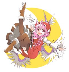 Rule 34 | 1girl, :d, animal ears, bird, black thighhighs, boots, dress, hat, ichizen (o tori), long sleeves, mystia lorelei, open mouth, pink eyes, pink hair, short hair, smile, solo, thighhighs, touhou, wings