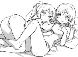 Rule 34 | 2girls, all fours, ass, barefoot, bed sheet, between legs, blush, bow, covering nipples, covering privates, duke (inu daimyou), greyscale, hair bow, hair ribbon, hands on own chest, long hair, love live!, love live! school idol project, lying, monochrome, multiple girls, on back, panties, pillow, ribbon, smile, tojo nozomi, topless, twintails, underwear, yazawa nico