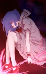 Rule 34 | 1girl, commentary request, dark background, glowing, glowing eyes, highres, light purple hair, looking at viewer, no headwear, no headwear, no wings, puffy short sleeves, puffy sleeves, red eyes, remilia scarlet, short sleeves, solo, terimayo, touhou, wrist cuffs