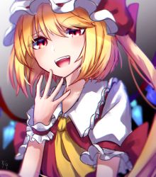 Rule 34 | 1girl, :d, ascot, bad id, bad pixiv id, blonde hair, collared shirt, crystal, eyebrows, fang, finger to mouth, flandre scarlet, gradient background, hat, headwear request, highres, mob cap, mozuno (mozya 7), multicolored hair, open mouth, puffy sleeves, red ribbon, ribbon, shirt, short hair, short hair with long locks, short sleeves, side ponytail, simple background, smile, solo, teeth, touhou, upper body, vampire, vest, wings