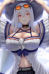 Rule 34 | 1girl, archstreal, arknights, armpits, arms up, bare shoulders, black choker, breasts, choker, cleavage, commentary request, eyewear on head, hair between eyes, hat, highres, large breasts, long hair, looking at viewer, navel, off-shoulder shirt, off shoulder, official alternate costume, red eyes, shirt, silver hair, skadi (arknights), skadi (waverider) (arknights), solo, sunglasses, upper body, very long hair, white shirt