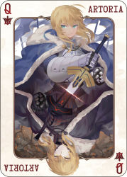Rule 34 | 2girls, ahoge, akizone, armor, artoria pendragon (all), artoria pendragon (fate), black armor, black cape, blonde hair, blue cape, braid, breastplate, cape, card, character name, commentary, crown, excalibur (fate/stay night), excalibur morgan (fate), fate/stay night, fate (series), french braid, fur trim, gauntlets, green eyes, highres, holding, holding sword, holding weapon, looking at viewer, multiple girls, pauldrons, playing card, royal robe, saber (fate), saber alter, short hair, shoulder armor, sidelocks, sword, upside-down, weapon, yellow eyes