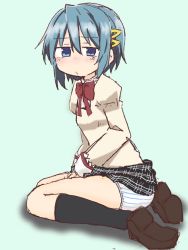 Rule 34 | 1girl, ass, between legs, black skirt, black socks, blue background, blue eyes, blue hair, blue panties, blush, bow, bowtie, breasts, brown footwear, closed mouth, clothes lift, embarrassed, female focus, from side, full body, hair ornament, hairclip, hand between legs, highres, juliet sleeves, kneehighs, long sleeves, looking at viewer, mahou shoujo madoka magica, miki sayaka, miniskirt, nose blush, panties, plaid, plaid skirt, pleated skirt, ponnu (tnpn2yw), puffy sleeves, red bow, red bowtie, school uniform, shirt, shoes, short hair, simple background, sitting, skirt, skirt lift, small breasts, socks, solo, striped clothes, striped panties, underwear, yellow shirt