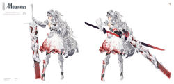 Rule 34 | 1girl, armored boots, armpits, bare shoulders, blood, blood on clothes, bloody weapon, boots, breasts, dress, frilled dress, frills, gauntlets, grey hair, highres, holding, holding sword, holding weapon, ji dao ji, katana, multiple views, original, sheathing, simple background, sleeveless, sleeveless dress, small breasts, sword, visor (armor), weapon, white background, white dress