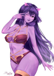 Rule 34 | 1girl, alternate costume, alternate form, animal ears, bare arms, bare shoulders, bikini, colored skin, gradient background, green eyes, hand up, league of legends, long hair, looking at viewer, lulu (league of legends), navel, one eye closed, pink skin, purple hair, red bikini, red thighhighs, signature, simple background, sleepingsol, smile, solo, swimsuit, thighhighs, two-tone thighhighs