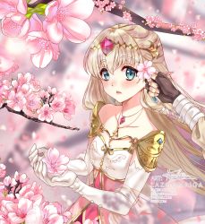 Rule 34 | 1girl, artist name, bare shoulders, black gloves, blonde hair, breasts, collarbone, dress, fingerless gloves, flower, gem, gloves, green eyes, highres, holding, holding flower, jewelry, lazoomaiga, long hair, looking at viewer, medium breasts, necklace, nintendo, open mouth, pink flower, pointy ears, princess zelda, signature, solo focus, the legend of zelda, triforce, watermark, web address