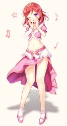 Rule 34 | 1girl, :d, asymmetrical sleeves, bad id, bad pixiv id, belt, choker, collarbone, crop top, diadem, full body, head tilt, heart, highres, long hair, love live!, love live! school idol project, midriff, music s.t.a.r.t!!, musical note, navel, nishikino maki, open mouth, pink skirt, purple eyes, red hair, shadow, short sleeves, simple background, skirt, smile, socks, solo, standing, stomach, uneven sleeves, white background, white socks, yuuyu (yuuyu015)