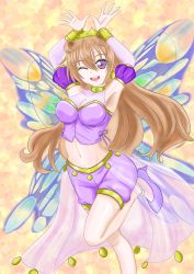 Rule 34 | 1girl, ;), artist name, artist request, bare legs, blush, bracelet, breasts, brown hair, butterfly (love live!), butterfly wings, choker, cleavage, clothing cutout, collarbone, cropped shirt, crown, detached sleeves, double bun, dress, dress shirt, earrings, female focus, floating hair, gold bracelet, hair between eyes, hair bun, hair rings, harem outfit, high heels, highres, insect wings, jewelry, konoe kanata, long hair, looking at viewer, love live!, love live! nijigasaki high school idol club, love live! school idol festival, medium breasts, navel, one eye closed, parted lips, puffy short sleeves, puffy sleeves, purple eyes, purple footwear, purple ribbon, purple shirt, purple shorts, rabbit pose, ribbon, shirt, short sleeves, shorts, shoulder cutout, smile, solo, standing, standing on one leg, two side up, wings, wink, yellow bracelet, yellow choker