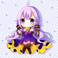Rule 34 | 1girl, ahoge, azur lane, black thighhighs, blush, chibi, closed mouth, commentary request, cosplay, diagonal stripes, dress, full body, hair ornament, hinanosuke, holding, holding microphone, long hair, looking at viewer, microphone, purple dress, purple eyes, purple hair, solo, standing, star (symbol), striped, striped background, thighhighs, unicorn (azur lane), unicorn (little star songstress) (azur lane), very long hair, vocaloid, vocanese, xingchen, xingchen (cosplay)