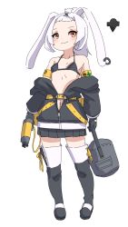 Rule 34 | 1girl, animal ears, armband, bangs pinned back, bare shoulders, bikini, black bikini, black footwear, black gloves, black jacket, blush, boots, brown eyes, closed mouth, collarbone, commentary request, ear piercing, forehead, full body, gloves, high ponytail, highres, holding, jacket, kuro kosyou, long hair, long sleeves, looking at viewer, navel, off shoulder, open clothes, open jacket, original, piercing, ponytail, puffy long sleeves, puffy sleeves, rabbit ears, simple background, sleeves past wrists, smile, solo, swimsuit, thigh boots, white background, white hair