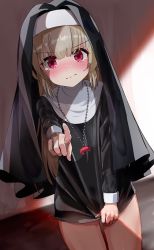 Rule 34 | 1girl, alternate costume, black dress, blush, commentary request, cowboy shot, dress, habit, highres, jewelry, looking at viewer, nanashita shiki, natori sana, necklace, nun, pointing, pointing at viewer, red eyes, sana channel, shadow, shirt tug, solo, standing, tears, virtual youtuber