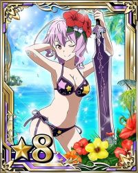 Rule 34 | 10s, 1girl, ahoge, armpits, bikini, breasts, card (medium), cleavage, contrapposto, day, flower, hair flower, hair ornament, hand in own hair, hibiscus, holding, holding sword, holding weapon, mole, mole on breast, navel, ocean, orange flower, outdoors, pink hair, red flower, short hair, side-tie bikini bottom, solo, standing, strea (sao), swimsuit, sword, sword art online, weapon, yellow flower