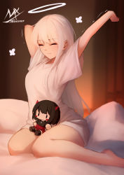 Rule 34 | 1girl, absurdres, angel girl (shimmer), artist name, barefoot, bed sheet, black-haired demon girl (shimmer), black hair, black shirt, blurry, blurry background, blush stickers, breasts, character doll, closed eyes, closed mouth, depth of field, halo, highres, indoors, long hair, medium breasts, original, pillow, red skirt, shimmer, shirt, short sleeves, signature, skirt, solo, stretching, very long hair, waking up, white hair, white shirt, wide sleeves