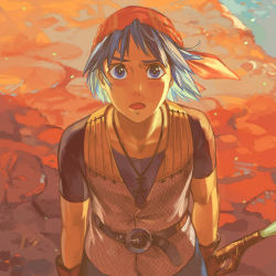 Rule 34 | 1boy, armor, bandana, belt, black shirt, blue eyes, blue hair, blue shorts, brown gloves, chainmail, chrono cross, from above, gloves, highres, holding, holding weapon, jewelry, looking at viewer, machibari2, male focus, necklace, open mouth, red bandana, serge (chrono cross), shirt, short hair, short sleeves, shorts, solo, upper body, weapon