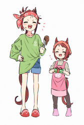 Rule 34 | 2girls, :d, ^ ^, animal ears, appleq, apron, bare legs, black pants, blue shorts, box, brown hair, character request, check character, chocolate, chocolate on clothes, chocolate on face, closed eyes, collarbone, commentary request, dual persona, food, food on face, full body, gift, gift box, green shirt, hand on own hip, head scarf, highres, holding, holding gift, holding whisk, horse ears, horse girl, horse tail, laughing, light blush, long sleeves, multiple girls, no shoes, no socks, open mouth, pants, pink apron, sakura bakushin o (umamusume), shirt, shirt partially tucked in, short hair, shorts, siblings, simple background, sisters, slippers, smile, socks, tail, umamusume, v-shaped eyebrows, valentine, whisk, white background