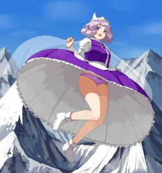 Rule 34 | 1girl, apron, bare legs, blue eyes, boots, bow, bow panties, cape, day, dress, frilled dress, frills, from below, full body, grimay, hat, legs, letty whiterock, light purple hair, long sleeves, looking at viewer, midair, mountain, open mouth, panties, pantyshot, polka dot, polka dot panties, puffy sleeves, purple panties, purple skirt, see-through, shirt, shoes, short hair, skirt, skirt set, sky, smile, solo, touhou, turtleneck, underwear, upskirt, vest, waist apron, white footwear, wind, wind lift