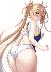 Rule 34 | 1girl, ass, ass grab, bad id, bad pixiv id, bare shoulders, blonde hair, blue eyes, blush, bradamante (fate), braid, breasts, commentary, competition swimsuit, crown braid, fate/grand order, fate (series), hair between eyes, harimoji, large breasts, long hair, looking at viewer, looking back, multicolored clothes, multicolored swimsuit, one-piece swimsuit, simple background, solo, swimsuit, thighs, twintails, very long hair, white background, white one-piece swimsuit