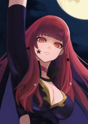 Rule 34 | 1girl, arm up, blunt bangs, bodysuit, breasts, cape, cleavage, clothing cutout, facial mark, fire emblem, fire emblem engage, hair ornament, highres, labebebe lee, large breasts, long hair, looking at viewer, moon, night, night sky, nintendo, red eyes, red hair, sky, solo, star (symbol), star facial mark, star hair ornament, yunaka (fire emblem)